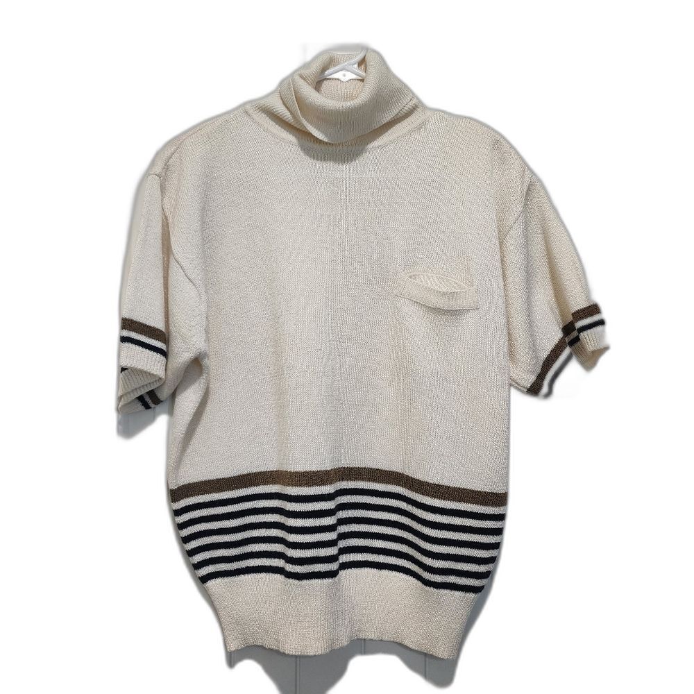 Vintage Liz Claiborne Short Sleeve Turtleneck Sweater Medium 90s Striped Cream M